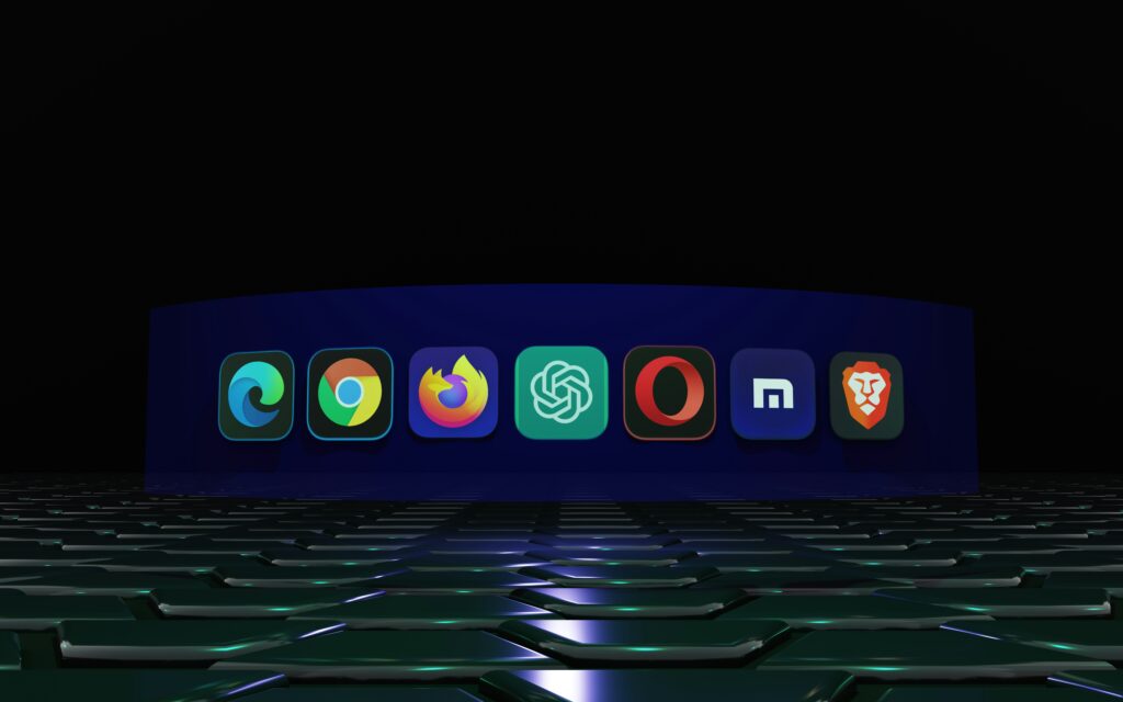 Web browser and ChatGPT app icons displayed on a dark futuristic background