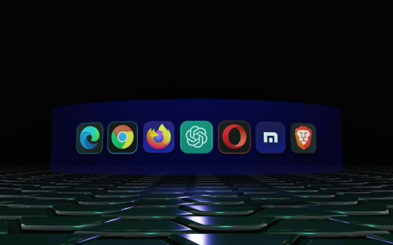 Web browser and ChatGPT app icons displayed on a dark futuristic background