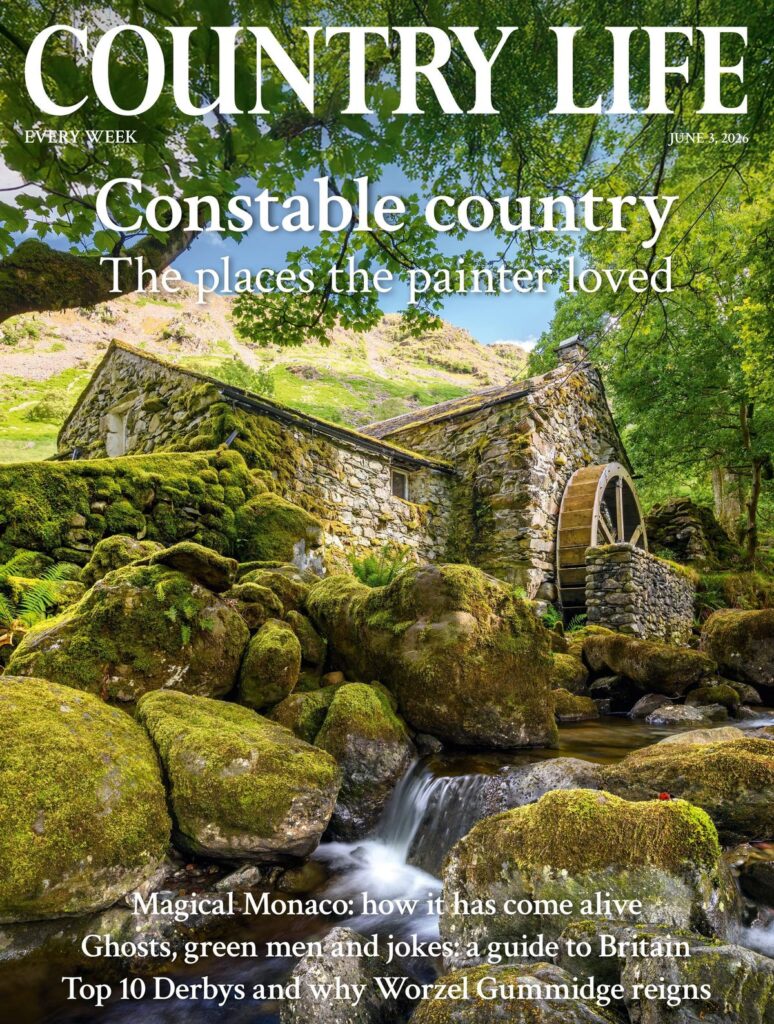 Country Life magazine cover featuring a mossy stone cottage and waterwheel by a stream