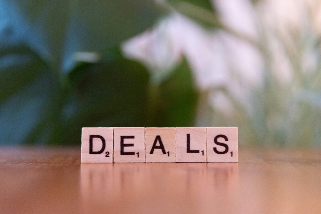 Wooden letter tiles spelling DEALS on a table with blurred green plant background